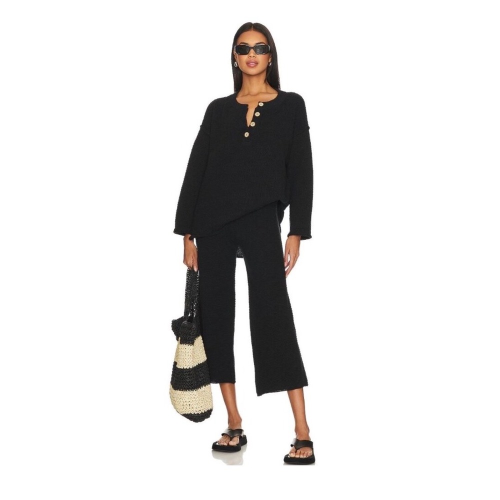 Free People FP Beach Hailee Waffle Knit Set Women Large Black Henley Wide Leg